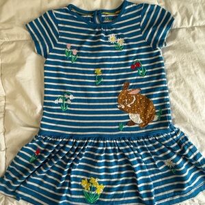 Mini Boden Blue and White Striped Dress with Embroidered Bunny